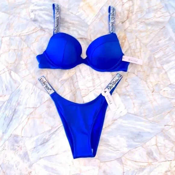2 Pc Set 32C +Small Victoria's Secret Swim Shine Strap Sexy Tee Bikini + Bottoms